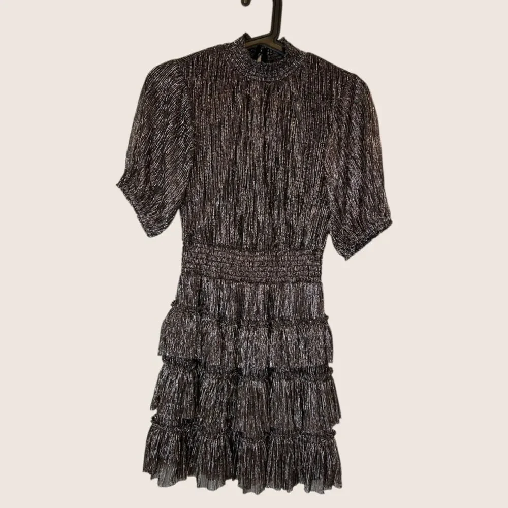 🌟 1 STATE METALLIC TIERED SMOCKED WAIST PUFF SHORT SLEEVE FULLY LINED DRESS XS - Picture 6 of 8